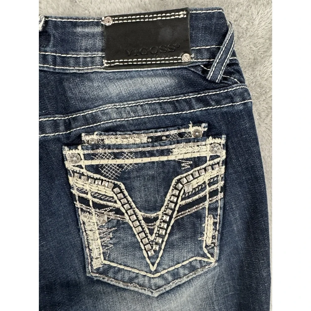 Vigoss Capri Jeans Womens W27 L21 Dublin Thick Stitch Embellished Whiskered Blue